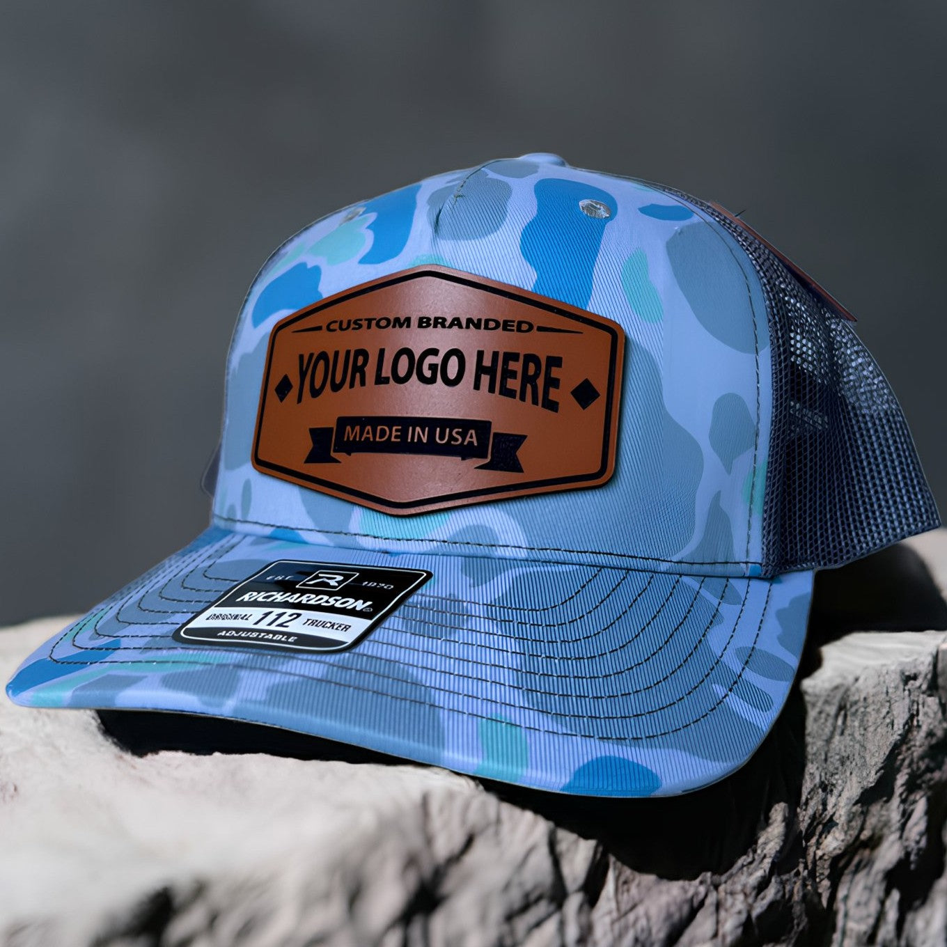Richardson camo custom leather patch hat — genuine leather, laser engraved