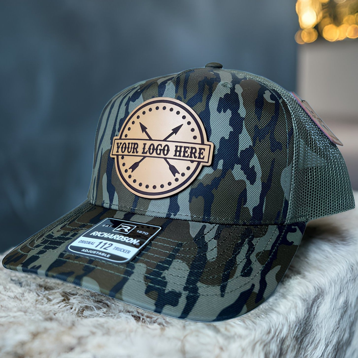 Richardson camo custom hat — camo pattern with leather patch
