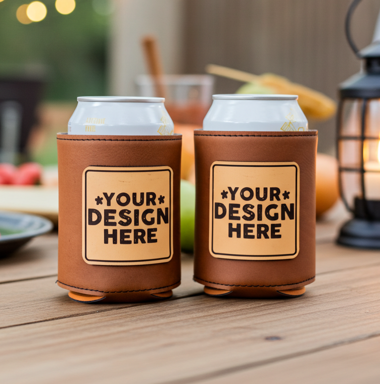Custom Leather Koozies Can Cooler Sleeves Neoprene Authentic Leather Patch