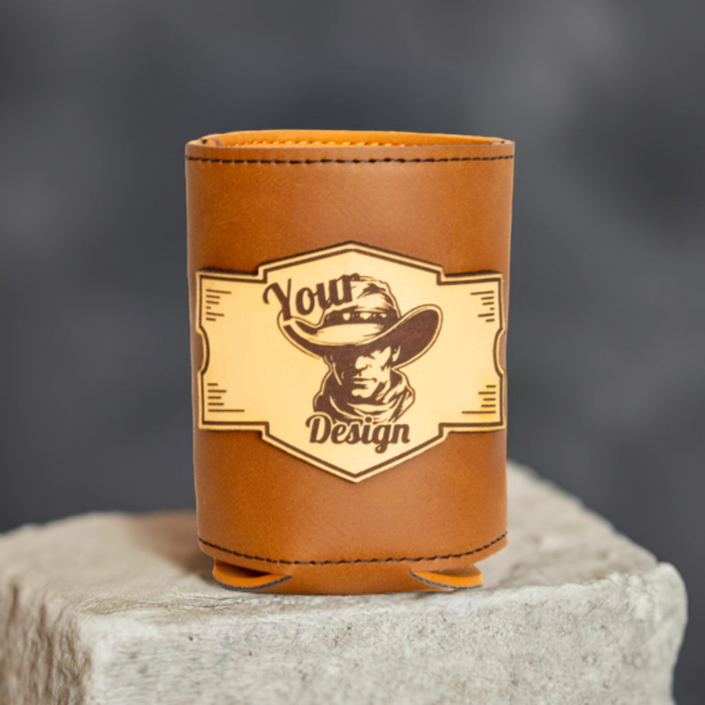 Custom Leather Koozies Can Cooler Sleeves Neoprene Authentic Leather Patch