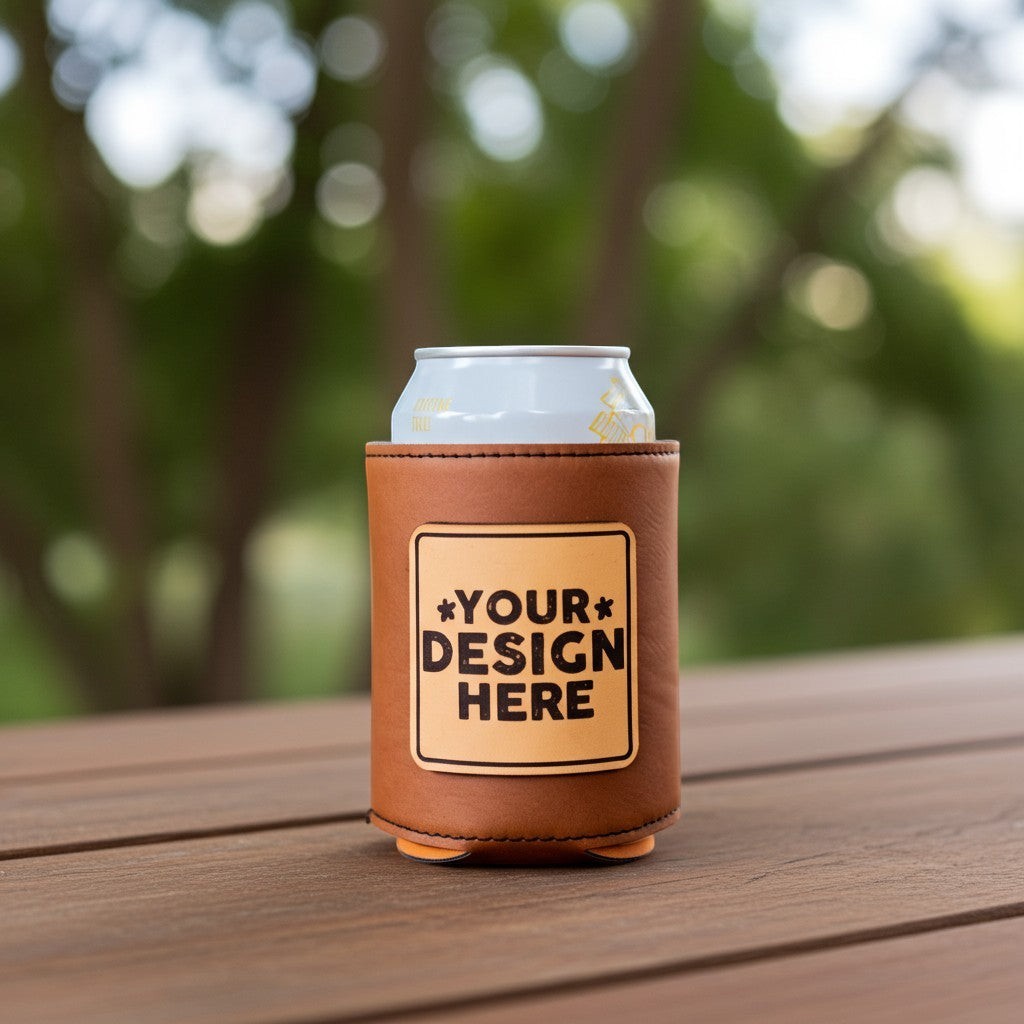 Custom leather patch koozie — leather patch detail on can cooler