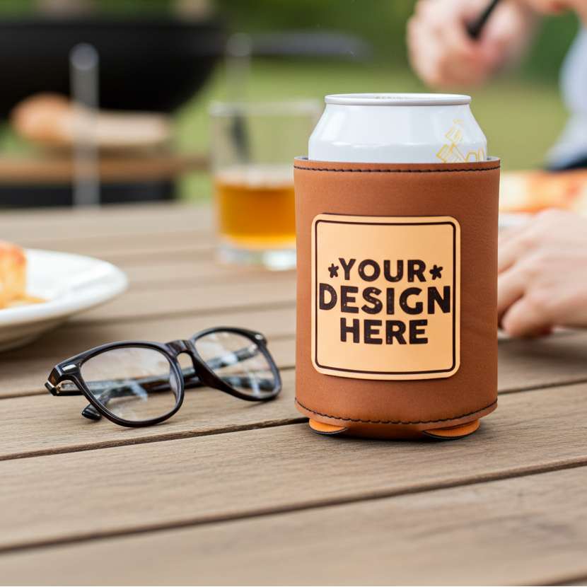 Custom Leather Koozies Can Cooler Sleeves Neoprene Authentic Leather Patch