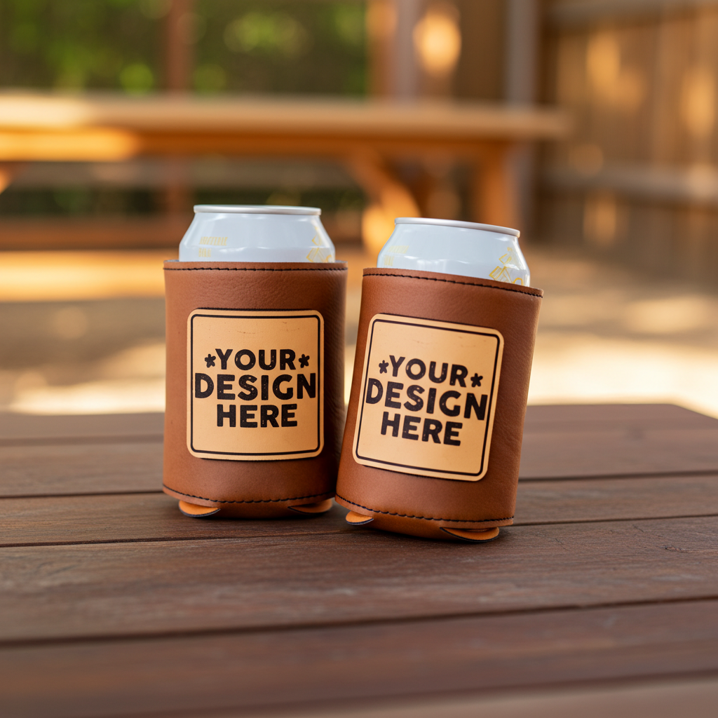 Custom Leather Koozies Can Cooler Sleeves Neoprene Authentic Leather Patch