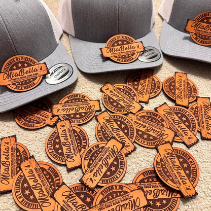 10 Leather Hat Patches Custom Made From Genuine Leather With Your Logo,  Text, or Design in Any Shape 10 Count Ships VERY FAST 
