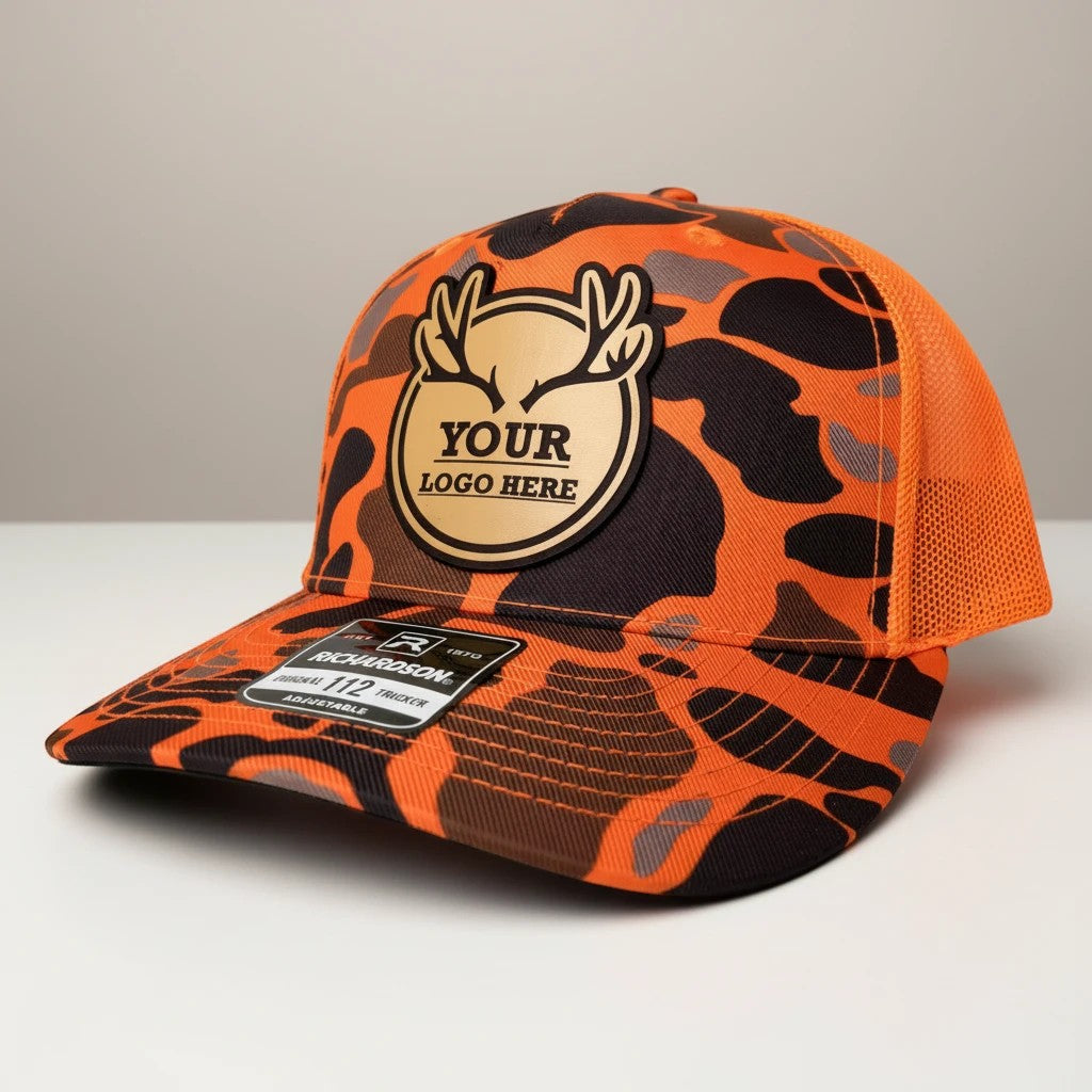 Leathering custom Richardson trucker hat with orange camo print and a round leather patch featuring deer antlers and placeholder text.
