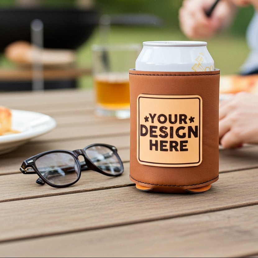 Custom leather patch koozie — brown neoprene can cooler with leather patch