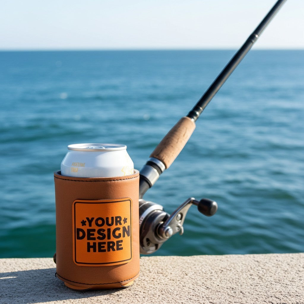 Custom leather patch koozie — genuine leather can cooler sleeve