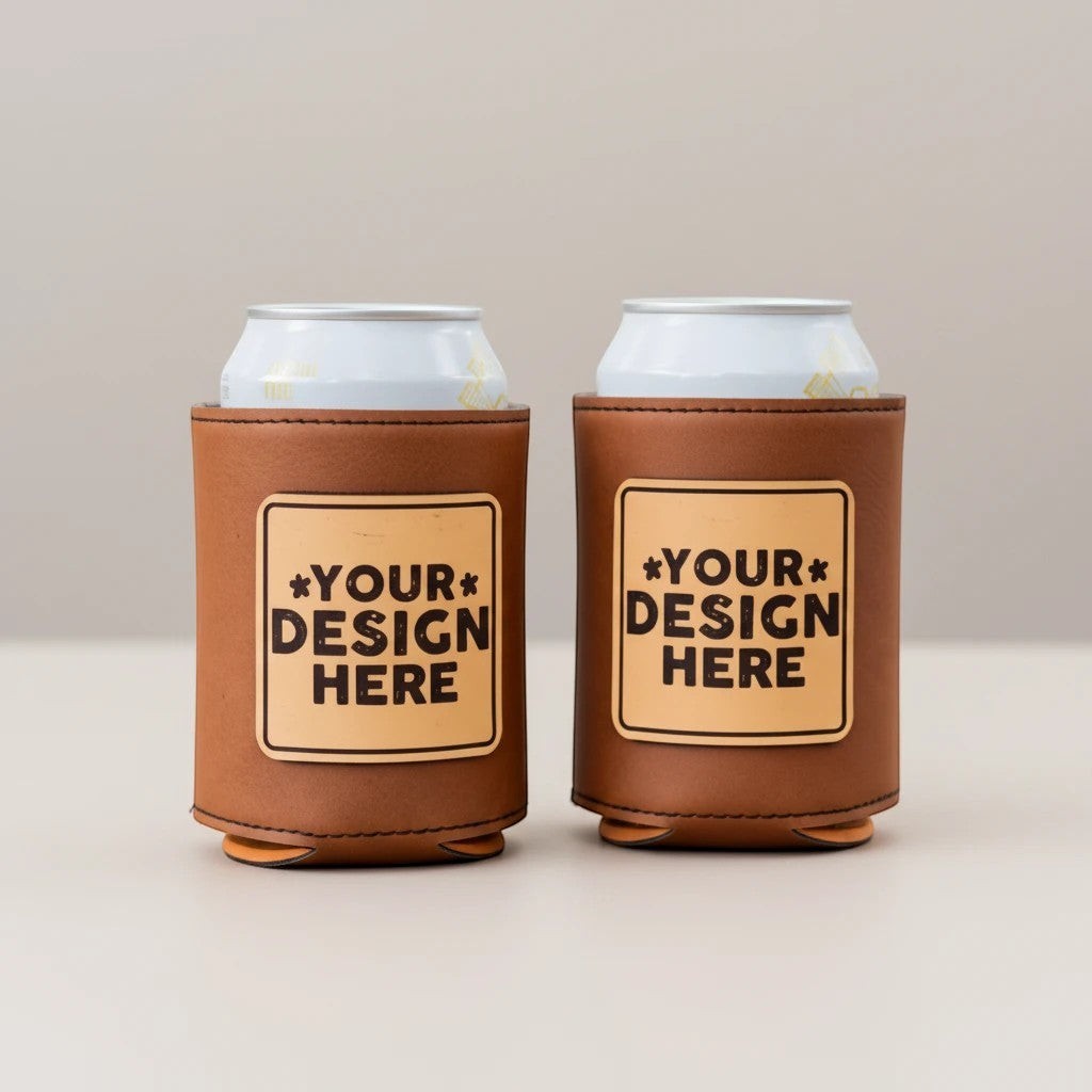 Leathering custom leather koozies with neoprene interior and authentic leather patch for 12 oz cans. Brown.